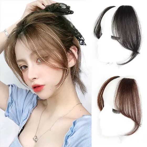 Faixa longa em ambos os lados preto borda marrom natural do cabelo esticado no ar antes da extens茫o falsa explos茫o