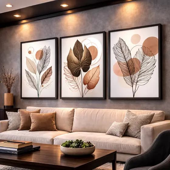 Kit 3 Quadros Decorativos Folhagem Folhas Neutro Moderno Mosaico Sala Quarto Escritório