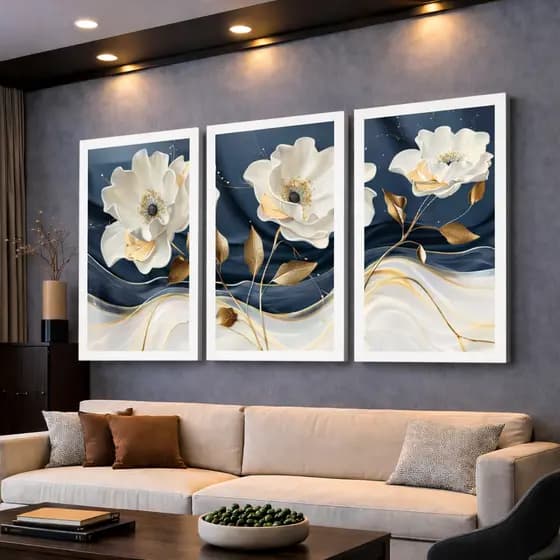 Kit 3 Quadros Decorativos Floral Azul Luxo Mosaico Sala Quarto Escritório
