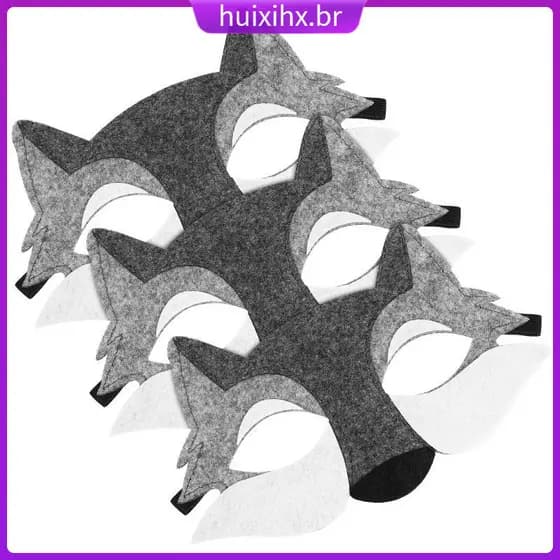 🎉 3Peças Máscara Meio Rosto Lobo Para Fantasia Infantil Material Resistente Cinza