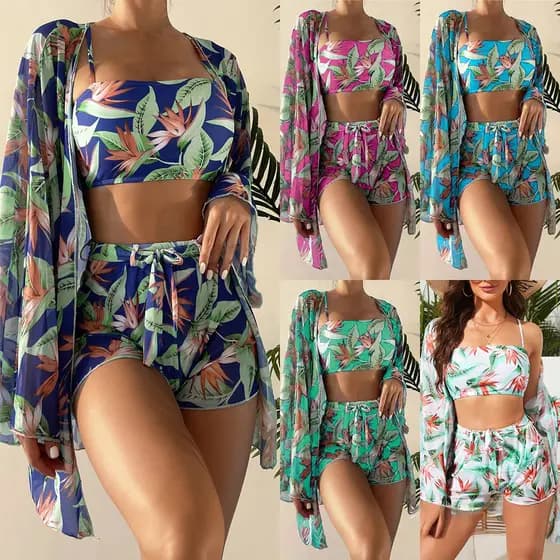 Conjunto de biquíni feminino de cintura alta com quatro peças, incluindo tankini/roupa de banho/proteção solar de manga