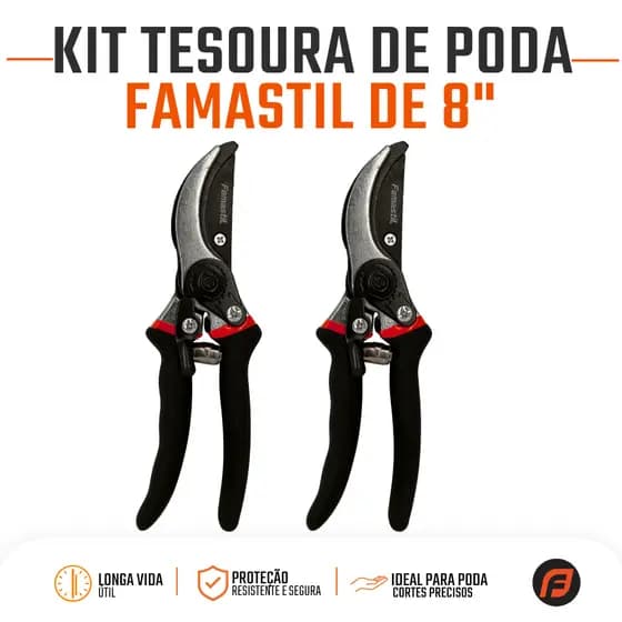 Tesoura de Poda Famastil 8" Aço Carbono Jardinagem Flores Galhos Horta Profissional Kit com 2