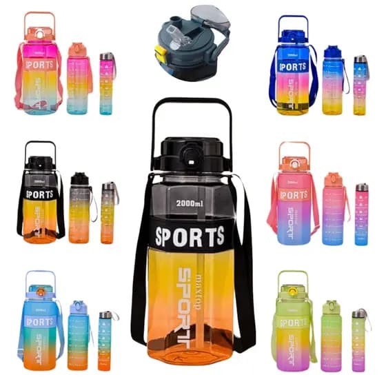 Kit com 3 Garrafa de Agua Grande Metalizada 2 Litros, 700ml ou 260ml Com Adesivos, Canudo e Frases Motivacionais
