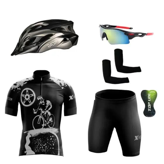 Conjunto Ciclismo Camisa C/ Proteção UV e Bermuda C/ Forro Interno + Capacete Ciclismo C/ Luz Led + Óculos + Manguitos