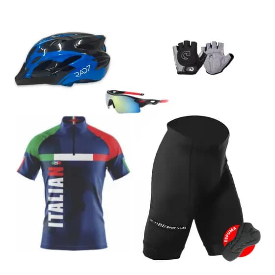 Kit Conjunto Ciclismo Camisa Proteção UV Bermuda C/ Forro + Capacete Ciclismo + Luva + Óculos