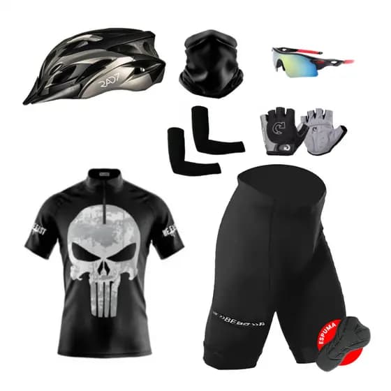 Kit Conjunto Ciclismo Camisa Proteção UV Bermuda C/ Forro + Capacete Ciclismo + Luva + Óculos + Manguito + Bandana