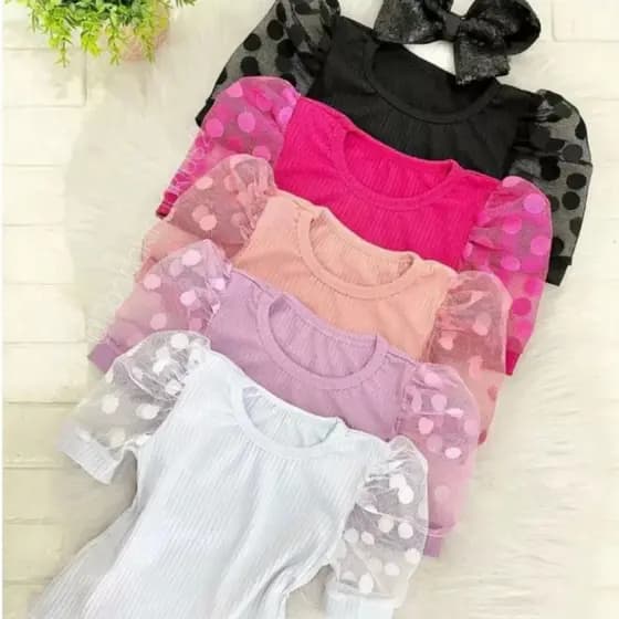 Blusa infantil Manga Princesa Bufante Tule Canelada Manga Curta Lisa