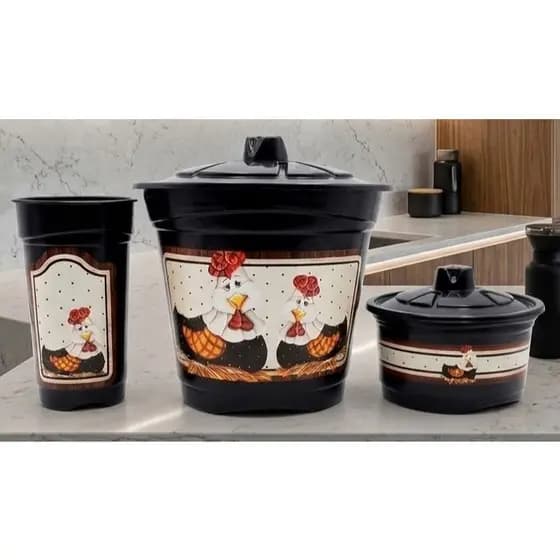 Kit Pia Cozinha 3 Peças Plástico Preto Decoupage - Porta Detergente Sabão E Lixeira