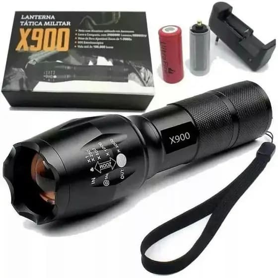 Lanterna Tática X900 Recarregável – LED Potente 800 Lumens, Zoom Ajustável e Resistente à Água