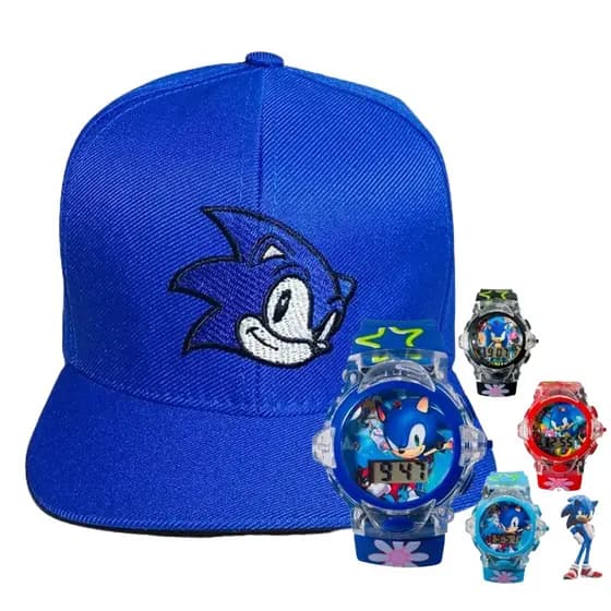 Boné e Relógio Digital Infantil Chapéu Sonic Homem Aranha Luz Criança Menino Menina Esportivo LED