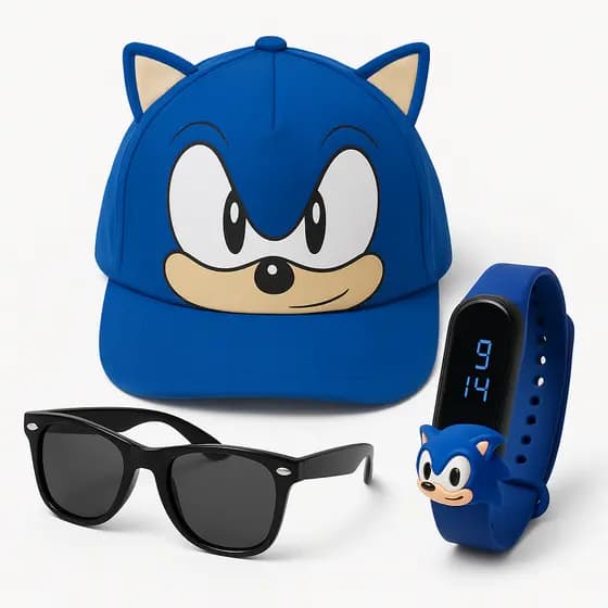 Boné Sonic Infantil + Relógio prova D'agua e Óculos Modelo Personagem Criança Menino Menina Verão Praia