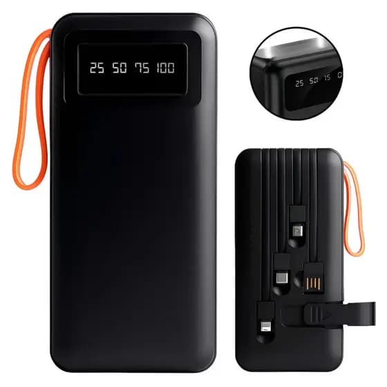 Power Bank 50000mAh com Cabos Integrados USB Tipo-C Lightning Micro USB Portátil Alta Capacidade