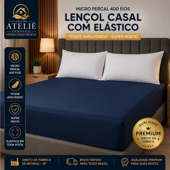 Lençol Casal Com Elástico Micro Percal 400 Fios Toque Aveludado Super Macio Antialérgico 1,88x1,38x25