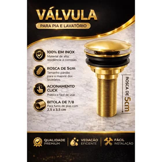 Link Metais, Ralinho em Inox Para Pia De Banheiro, Valvula 100% Inox Dourada, Valvula Clic
