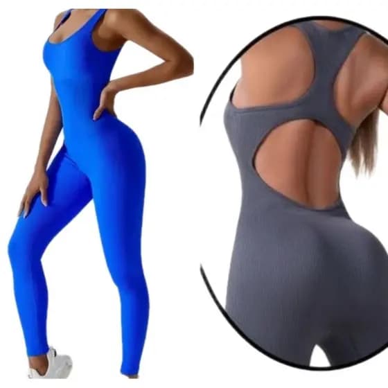Macacão canelado feminino longo com bojo removível para academia yoga e training