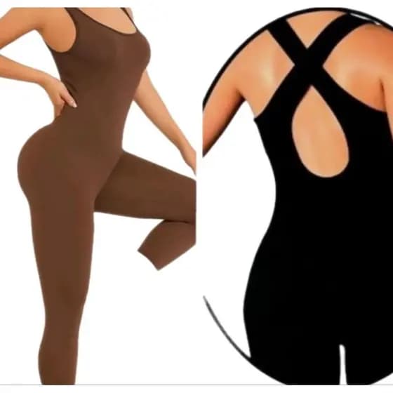 Macacão feminino canelado longo com bojo removível e modelador de cintura conforto para seus treinos