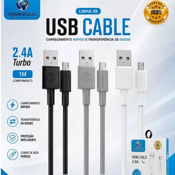 KIT 10 Cabo Turbo Emborrachado Para Celular Entrada USB V8 Resistente Colorido 1.2M