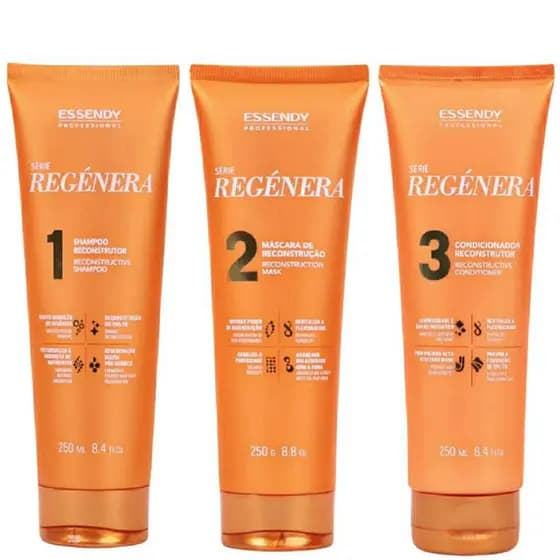 Kit Home Care Série Regénera 250ml Essendy - Shampoo Limpeza Suave, Máscara Capilar de Reconstrução e Condicionador Reconstrutor
