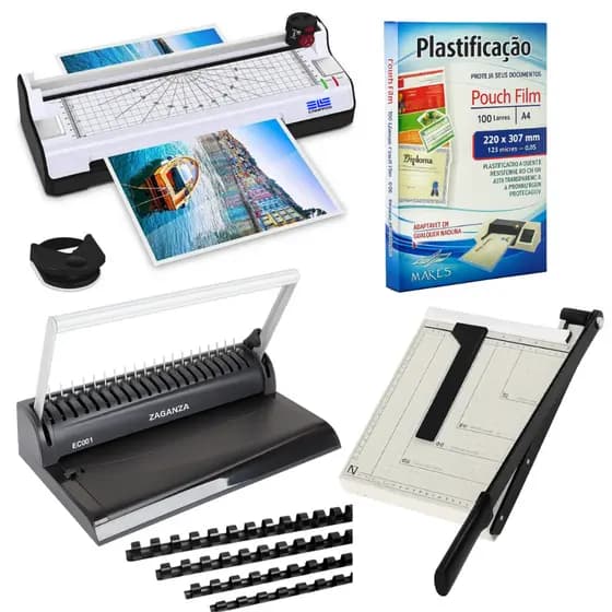 Kit Plastificadora + Guilhotina + Plástico Polaseal A4 + Encadernadora