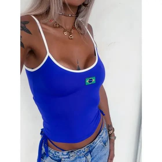 Regata Brasil Malha Bicolor Decote costas Básica Fashion Copa