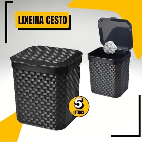 Lixeira Cesto Rattan 5 Litros Preta C Tampa Cozinha Banheiro Lixeira Pia