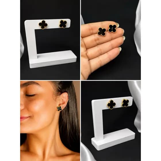 Brinco Trevo Preto Dourado Feminino Delicado Elegante Minimalista Aço Inoxidável Antialérgico Luxo