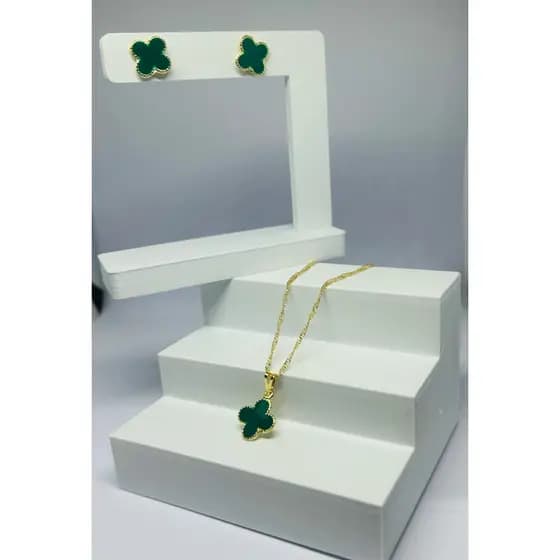 Kit Colar e Brinco Trevo Verde Dourado Feminino – Conjunto Delicado Elegante