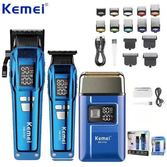 03 Maquinas Profissionais kemei original Corte 9000rpm + Acabamento 8000rpm + shaver com visor lcd