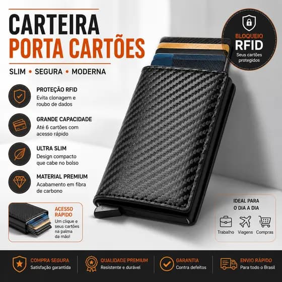 Carteiras Fibra De Carbono Porta-Cartões Masculina Preta Mágica Tripla De Couro
