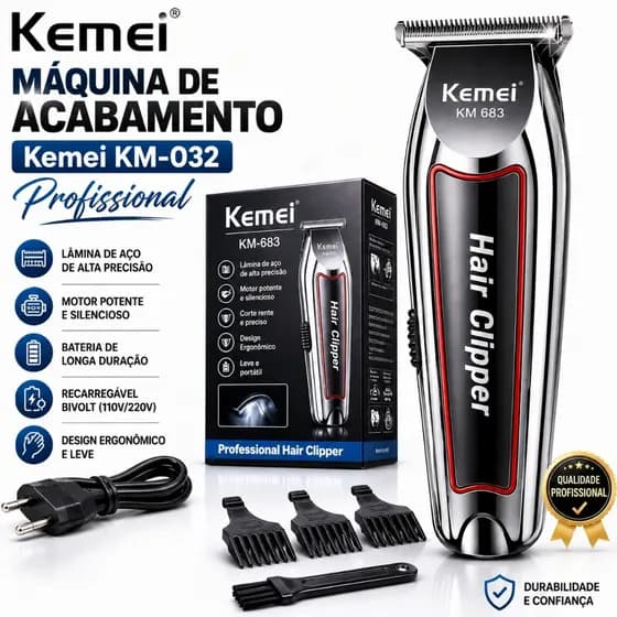 Máquina de Acabamento Kemei KM-032 Profissional Sem Fio Recarregavel+ Kit de Pentes