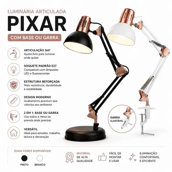 Luminária Articulada Pixar Mesa Abajur Profissional Base ou Garra Flexível Escritório Estudo Bivolt