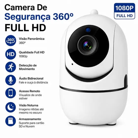 Câmera Segurança WiFi 360° Full HD 1080p Visão Noturna Áudio Rastreamento App