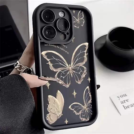 Linha Dourada Borboleta Silicone Caso De Telefone Para iPhone 16 17 15 12 14 13 11 Pro Max 16e X XR XS Capa