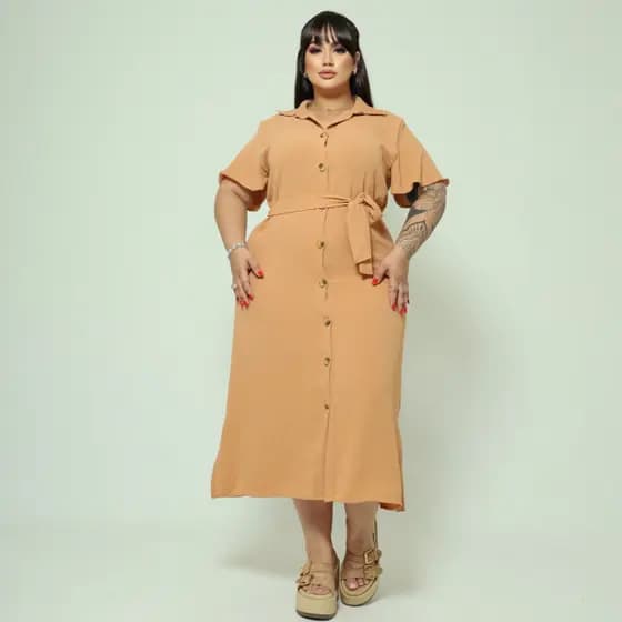 Vestido Chemise Midi Com Cinto
