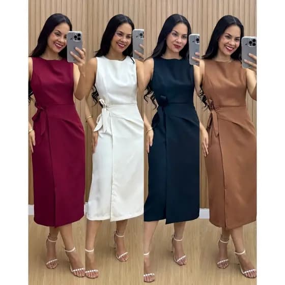 Vestido Feminino Alfaiataria Midi com Amarração Lateral Elegante