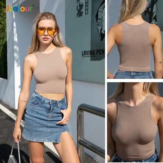 2 peças Regata Tank Cropped Canelado em Poliamida Feminina Colete sem mangas