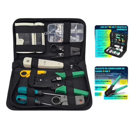 Kit Ferramentas Rede Com Crimpador Testador 10 Peças Alicate de Crimpar Descascador