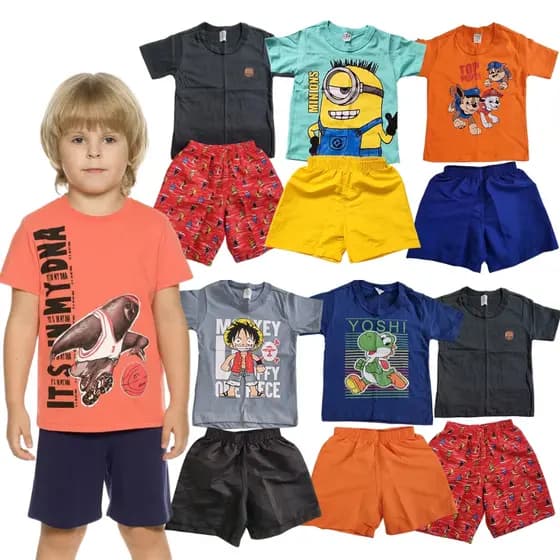 Kit Sortido 10 Peças de Roupas Infantil Menino- 5 Camisetas + 5 Bermudas - Kit com 5 Conjuntos