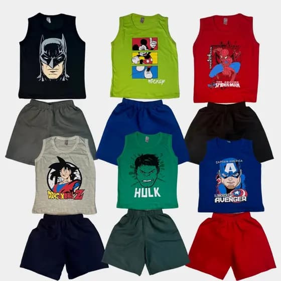 Kit Infantil 10 Peças Sortidas de Roupas Menino 5 Camisetas Regata + 5 Bermudas