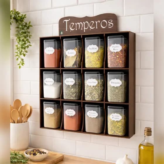 Porta tempero prateleira organizadora em MDF decorado - 12 Potes - Condimentos Mantimentos Original