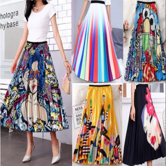 Saia feminina cintura elástica saia plissada impressa saia de comprimento médio plissada saia evasê temperamento elegant