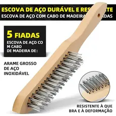 Escova de aço com cabo de madeira para remoção de ferrugem e manchas. Multifuncional.