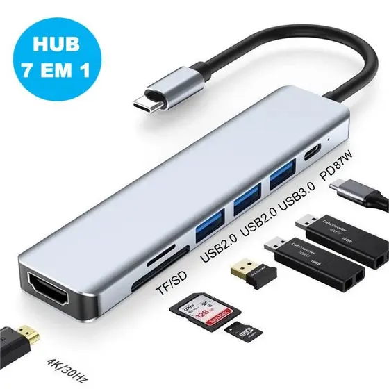 HUB 7 em 1 Tipo C USB HDTV USB 3.0 USB 2.0 SD TF Cartão Slot Leitor de Dados USB-C