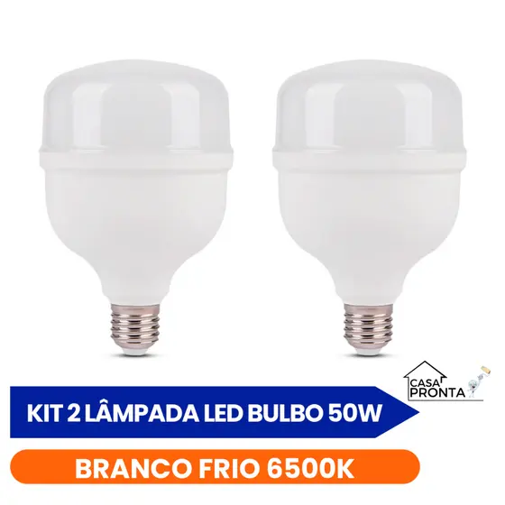 Kit 2 Lâmpadas LED 50W E27 Alta Potência Branco Frio 6500K Econômica Super Brilho Bivolt