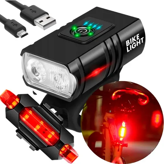 Kit Farol Bike Recarregável E Lanterna Sinalizador Usb Profissional