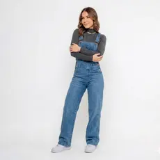 Jardineira Jeans Longa Inverno Feminina Macacão com Botões Laterais Cintura Alta