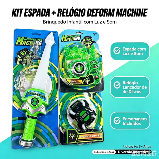 Relogio/LANCADOR/ESPADA Infantil Ben 10 Omnitrix C/ Luz Hora Sons Aliens