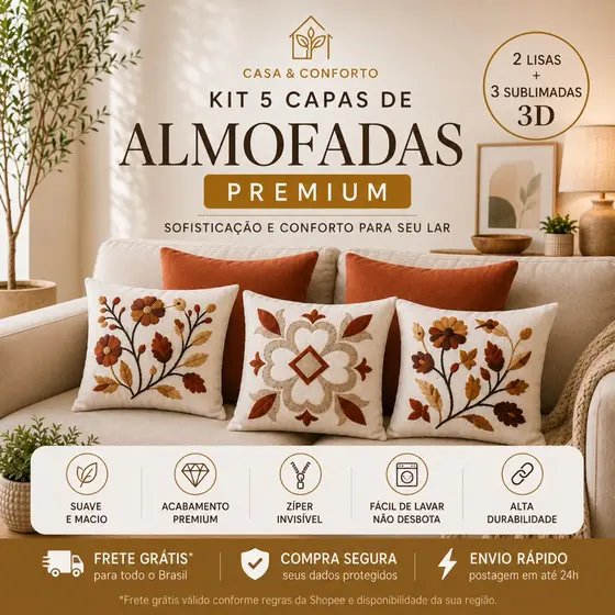 Kit 5 Capas de Almofadas Premium Estampadas 3D Decorativas para Sala e Sofá