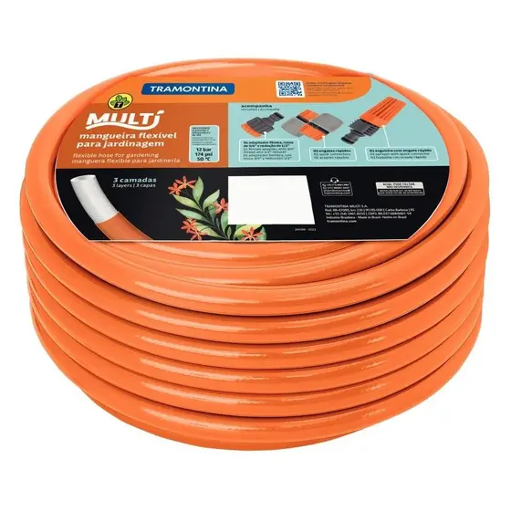 Mangueira Multi 1/2" Tramontina Laranja em PVC 3 Camadas 20 m com Engates Rápidos e Esguicho