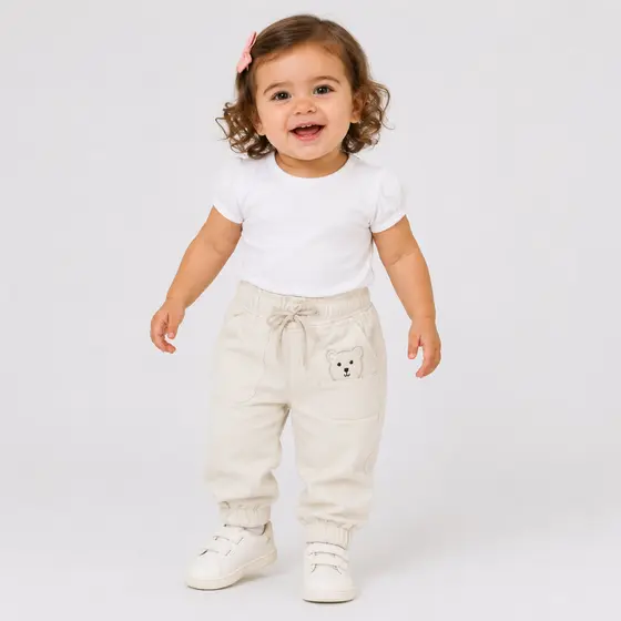 Calça Jogger de Sarja Menina - Confortável de Elástico - Veste de 1 a 3 Anos
